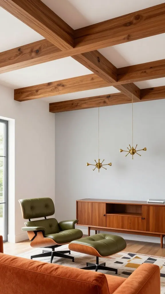 A high-resolution, professional architectural photograph of a sun-drenched mid-century modern living room. The focal point is the ceiling, featuring prominent, richly stained teak wood structural beams running across a crisp white ceiling, adding warmth and visual interest. Below, a classic Eames lounge chair with an ottoman upholstered in warm olive green leather is positioned invitingly next to a sleek, low-profile sofa in a deep orange fabric. A Danish modern credenza in warm teak wood stands against a light grey wall. Two brass Sputnik chandeliers hang at varying heights, casting a soft, inviting glow. The room incorporates geometric patterns in an area rug and throw pillows, blending warm teaks, olives, oranges, and mustards with crisp white and light grey walls, celebrating honest materials and architectural integrity. No text.
