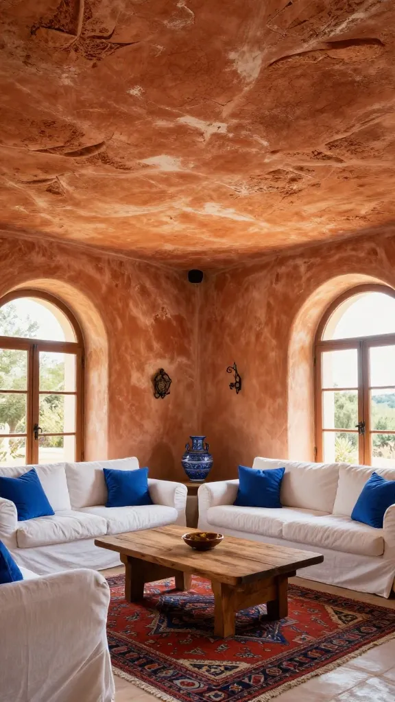 A high-quality, realistic photograph capturing the interior of a sun-drenched Mediterranean villa living room. The primary focus is the stunning, rough-textured, hand-troweled plastered ceiling, rendered in warm sun-baked ochre and terracotta hues, its wonderfully imperfect, organic surface beautifully highlighted by abundant natural light streaming in from large arched windows. Below the prominent ceiling, a rustic yet elegant living space unfolds, featuring a sturdy wooden coffee table placed on a vibrant, patterned Kilim rug. Subtle wrought iron details are incorporated into a unique light fixture or a decorative element. Crisp white linen upholstery on a comfortable sofa and accents of deep blue in throw pillows or pottery provide refreshing contrast, all contributing to an atmosphere of old-world charm and rustic elegance. No text on image.