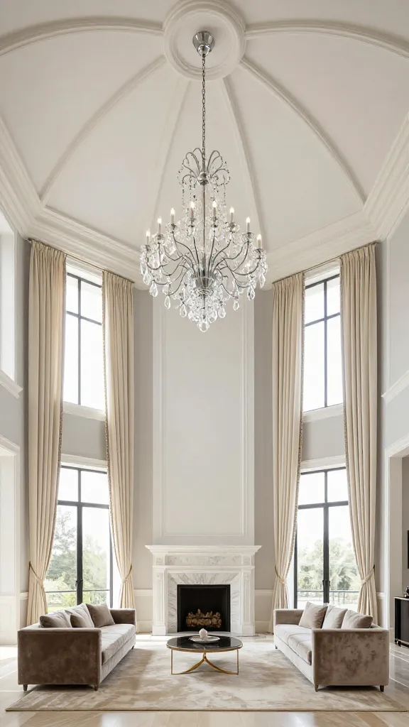 A breathtakingly grand living room, captured in a high-angle, professional architectural photograph. The scene is dominated by a magnificent double-height vaulted ceiling, painted in pristine off-white, soaring dramatically upwards. A massive, multi-tiered statement chandelier, crafted from polished chrome and crystal, hangs suspended from the apex of the vaulted ceiling, dropping significantly into the expansive space. The walls are painted in a smooth, subtle pale gray, enhancing the room's verticality. Enormous floor-to-ceiling windows are dressed with luxurious, tall curtains in a rich, textured cream fabric, elegantly pooling on the polished light-toned floor. A commanding, large-scale fireplace, crafted from light marble with intricate detailing, serves as a prominent focal point on one wall. Elegant furniture with rich textures, such as a velvet sofa and a textured wool rug in sophisticated neutral tones, is thoughtfully arranged, complementing the room's grandeur without cluttering the vast space. Abundant natural light floods the room, highlighting the awe-inspiring height and openness. Realistic, high-quality, no text.