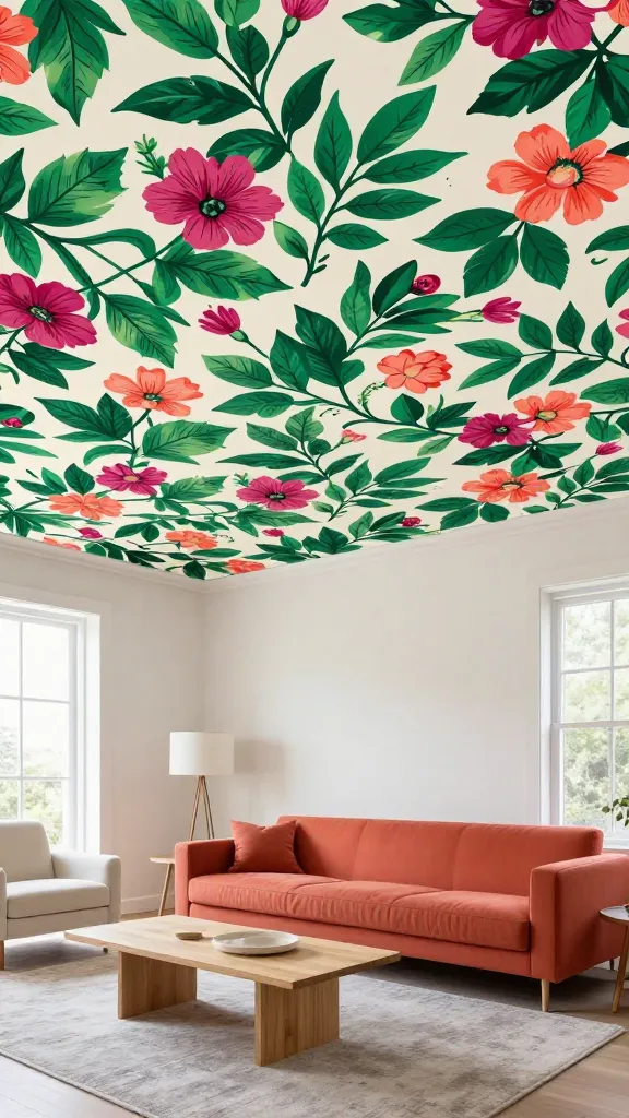 A high-quality, realistic photo of a modern and inviting living room. The main focal point is the ceiling, which is completely covered in a bold, large-scale floral wallpaper featuring vibrant emerald green leaves with fuchsia and coral blossoms on a soft cream background. A sleek, modern sofa upholstered in a rich, solid coral color sits prominently, pulling a key shade from the ceiling pattern. The surrounding walls are painted a clean, light off-white. Other furniture pieces are kept simple and solid-colored: a minimalist light wood coffee table, a cream-colored armchair with clean lines, and a large, subtly textured light grey area rug. Natural light streams in from large windows, illuminating the space and highlighting the ceiling. The overall aesthetic is playful and sophisticated, with the ceiling acting as a stunning, unexpected conversation starter. No text on image.
