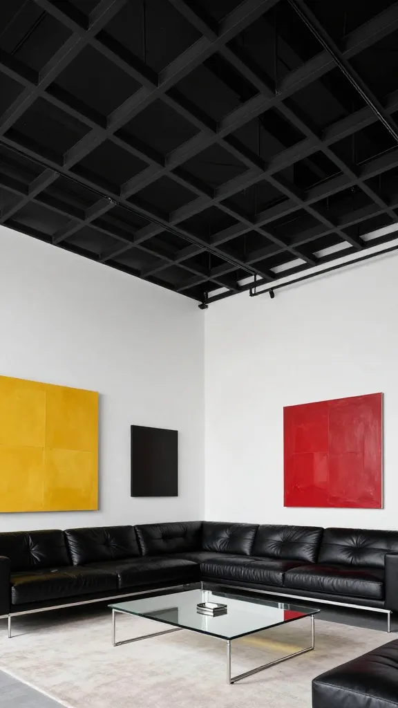 A high-resolution, photorealistic wide-angle photograph of a sophisticated industrial chic living room. The central and most striking feature is a sleek black grid ceiling, providing strong structural lines and high contrast against the lighter, predominantly white walls. This modern ceiling design cleverly conceals wiring and defines the edgy aesthetic of the space. Below, a minimalist black leather sofa with clean lines is arranged on a light-colored rug. In front of the sofa, a contemporary metal and glass coffee table reflects the room's functional beauty. The color palette is predominantly high-contrast black and white, with vibrant pops of mustard yellow and deep red introduced through large abstract art pieces on the walls and decorative cushions on the sofa. The overall atmosphere is modern, edgy, and refined, showcasing clean lines and functional beauty. Professional interior photography with soft, natural lighting, no text.