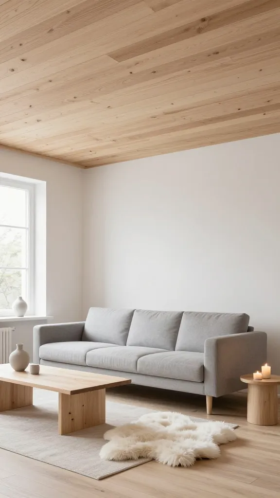 A high-quality, realistic photograph of a serene Scandinavian living room, bathed in abundant natural light. The centerpiece is a beautifully crafted light wood slatted ceiling, spanning the entire room, which instantly adds warmth, texture, and natural elegance. The color palette is dominated by soft greys, crisp whites, and pale wood tones, creating an airy, bright, and minimalist yet cozy atmosphere. A simple, comfortable light grey fabric sofa is positioned on a light-colored wood floor, accented by a plush white sheepskin rug. Minimalist pale wood furniture with clean lines, including a low coffee table, complements the design. Subtly placed ceramic vases and lit candles on surfaces enhance the hygge ambiance, emphasizing organic materials. No text.