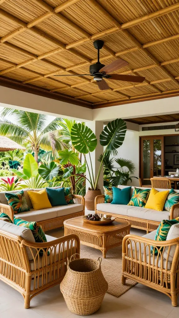 A high-angle, wide shot of a luxurious tropical-themed living room, prominently featuring an intricately designed bamboo panel ceiling that covers the entire space. The room is furnished with elegant rattan sofas and armchairs, adorned with bold, tropical-patterned cushions in vibrant greens, sunny yellows, and deep teals. Lush live plants, including large monsteras and various palms, are strategically placed throughout the space, enhancing the exotic atmosphere. Woven baskets add natural texture to the floor and side tables. Natural light floods the room, highlighting the warmth of the bamboo and rattan. The overall ambiance is that of a sophisticated resort getaway. A stylish ceiling fan with wooden blades hangs from the bamboo ceiling. Realistic, high-quality photograph, no text.
