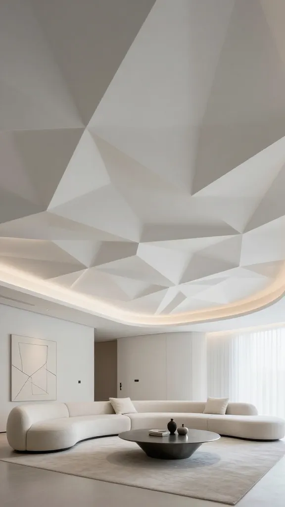 A professional, high-resolution interior photograph of a modern living room, captured from an eye-level perspective that prominently features the ceiling. The ceiling is the striking focal point, adorned with intricate 3D sculptural geometric panels in a sophisticated monochromatic palette of matte white and subtle light gray. These interlocking, faceted forms create incredible depth, dynamic shadow play, and a distinctly futuristic, art-gallery vibe. Strategic, warm recessed lighting is integrated into the ceiling, enhancing its three-dimensional texture and highlighting the interplay of light and shadow. Below, the minimalist living space features a large, elegantly curved modular sofa in a light cream or off-white fabric, complemented by a unique, sculptural coffee table crafted from polished concrete or a dark, minimalist metal. The walls are kept pristine white, allowing the ceiling and the art-inspired furniture to command attention. Other decor is exceptionally sparse, limited to perhaps a single large, abstract artwork with clean lines on one wall and a few carefully selected, minimalist accessories on the coffee table. The overall aesthetic is one of contemporary art, luxury, and understated futurism. No text on image.
