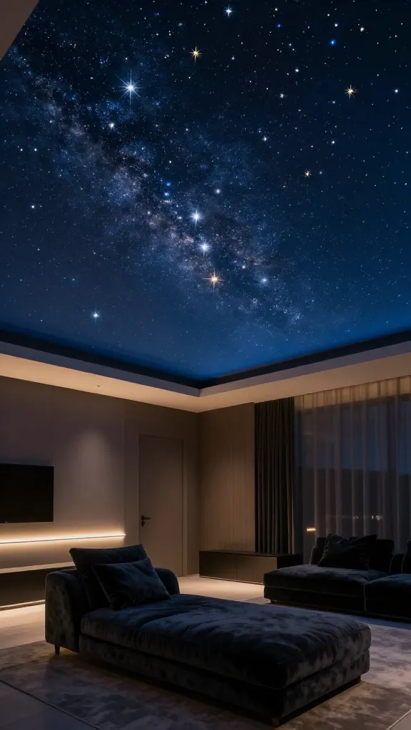 A high-angle, wide shot of an elegant living room at dusk, showcasing a breathtaking stenciled starry sky ceiling. The ceiling is painted a deep midnight blue, intricately adorned with shimmering silver and gold stars that appear to subtly glow, creating a magical, ethereal ambiance. Below, a luxurious, dark velvet chaise lounge is artfully positioned for comfort, complemented by plush seating arranged subtly. Soft, ambient lighting emanates from hidden fixtures, casting a warm glow on the muted, dark walls and minimalist decor, ensuring the celestial ceiling remains the enchanting focal point of this whimsical and sophisticated space. Realistic, high-quality interior photography, no text.