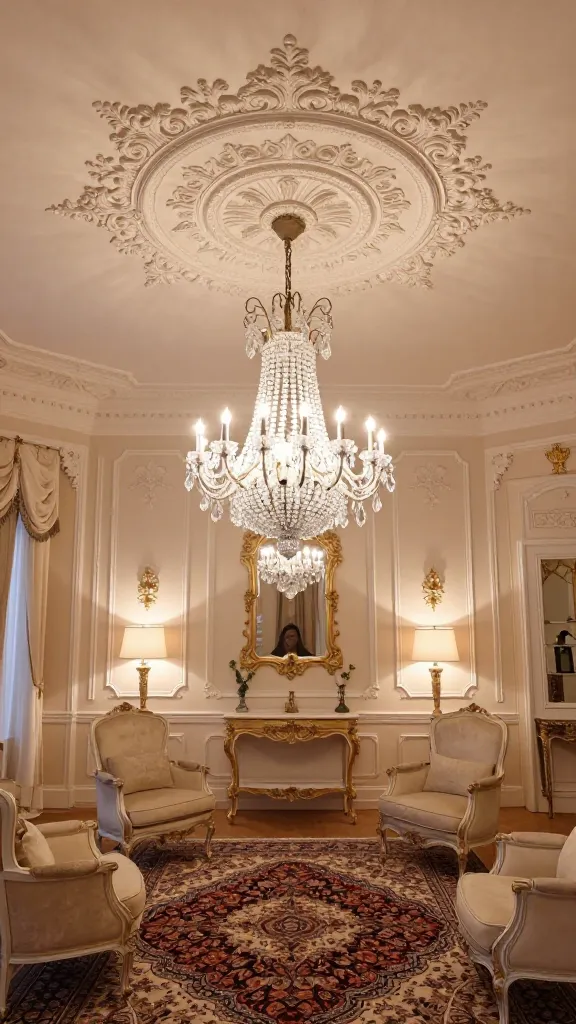 A high-angle, wide shot capturing a luxurious living room with a prominent, intricately detailed custom plaster medallion ceiling. A magnificent classic crystal chandelier hangs gracefully from the center of the medallion, casting a warm, inviting glow. The room's walls are painted in a soft pastel shade, complementing classic cream-colored elegant armchairs featuring intricate carvings. Elegant gold accents are subtly incorporated into decorative moldings, lamp bases, and ornate mirror frames that adorn the walls. A beautiful, richly patterned Persian rug anchors the seating area, adding warmth and texture. The overall aesthetic is one of timeless elegance and historical charm, bathed in soft, ambient light, showcasing the exquisite craftsmanship of the ceiling and refined decor.