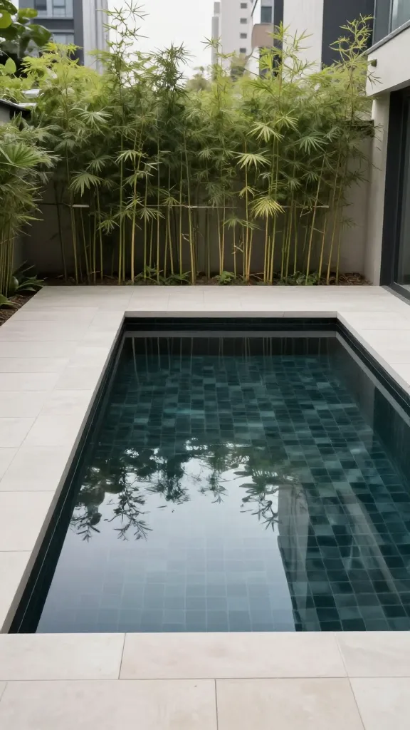 A high-angle, professional architectural photograph showcasing a tranquil, minimalist urban backyard plunge pool. The perfectly rectangular pool features a dark, highly reflective tile interior, creating a deep-water effect that mirrors the soft, diffused natural light from above. Smooth, large-format light-colored concrete pavers form the clean, expansive deck surrounding the pool. Strategically placed clusters of tall, slender bamboo plants rise elegantly along one side, providing a touch of vibrant green and privacy against a subtly blurred modern urban backdrop. The scene exudes serene Zen elegance, emphasizing clean lines and a soothing atmosphere, captured with exquisite detail and a realistic, high-quality finish.
