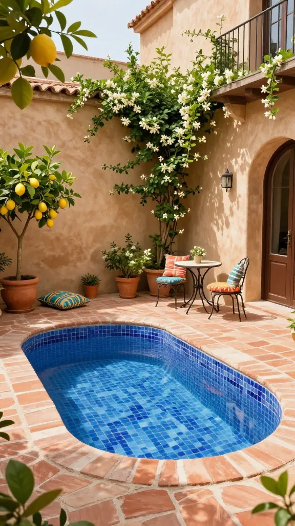 A sun-drenched Mediterranean courtyard retreat, centered around a small, irregularly shaped pool shimmering with azure blue mosaic tiles. The pool is bordered by rustic terracotta pavers, which extend to warm earthy-toned stucco walls enclosing the space. Potted lemon trees bearing ripe fruit and fragrant jasmine vines climb gracefully along the walls, adding vibrant greenery. A small wrought-iron table and chairs, adorned with colorful, plush cushions, are arranged invitingly on the pavers. The scene is bathed in bright, natural sunlight, emphasizing the textures and creating a cozy, stylish, and warm outdoor living area. High-resolution, realistic photo, natural light, no text on image.