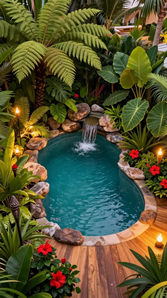A high-angle, realistic photograph capturing a luxurious small backyard dipping pool designed as a tropical oasis. The freeform, kidney-shaped pool is encircled by an abundance of lush, vibrant tropical foliage, featuring large ferns, broad elephant ear plants, and bright red hibiscus flowers, creating an immersive, exotic paradise. A small, natural-looking rock waterfall gently cascades into the pool, providing a soothing sound. A warm-toned ipe wood deck borders a portion of the pool, offering a comfortable lounging area. Several tiki torches are strategically placed around the perimeter, casting a soft, flickering glow as dusk settles, enhancing the vacation resort feel. The scene is bathed in the warm, golden light of late afternoon, highlighting the rich textures and vibrant colors. Ultra-realistic, high-resolution, no text.