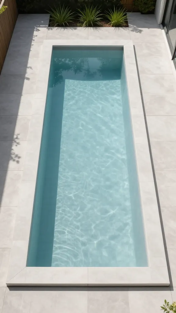 A high-angle, realistic photograph capturing a sleek, modern geometric lap pool within a compact, contemporary backyard. The pool is narrow and rectangular, defined by crisp, straight edges. Its interior is tiled in a pristine light grey, reflecting the bright sky. One long side of the pool features a subtle infinity edge, creating a seamless visual plane that appears to merge with the horizon. The surrounding area is paved with oversized, minimalist concrete pavers in a complementary light tone, leading to a small, artfully arranged patch of low-maintenance greenery. The overall aesthetic is clean, functional, and minimalist, bathed in brilliant natural sunlight. No text, no people.