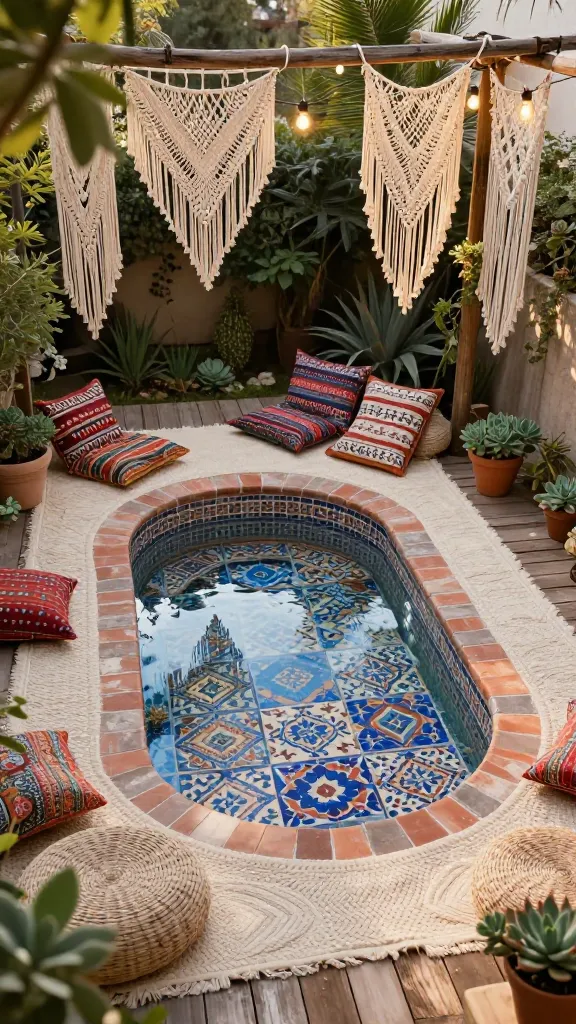 A high-angle, sun-drenched photograph capturing a small, irregular-shaped plunge pool designed in a boho chic style, nestled in a cozy backyard. The pool is lined with intricate Moroccan-inspired tiles in earthy terracotta and deep azure patterns, reflecting the clear blue sky. Surrounding the pool is a weathered, distressed wood deck, partially covered by a large, textured cream-colored woven outdoor rug. Above, delicate macrame hangings with fringe details are draped from a nearby pergola, intertwining with warm, glowing string lights that are subtly visible even in daylight. A collection of colorful, patterned floor cushions and woven poufs are scattered invitingly on the rug, creating a relaxed chill-out zone. Lush, low-maintenance greenery and potted succulents frame the scene, adding to the natural, free-spirited vibe. The lighting is soft and golden, enhancing the inviting atmosphere, with a shallow depth of field to focus on the pool area. Realistic, high-quality photograph, no text.