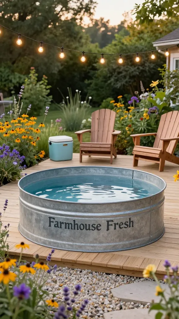 A realistic, high-definition photograph of a charming 'Farmhouse Fresh' backyard pool area during golden hour. A large, circular galvanized metal stock tank, impeccably clean and filled with clear water, is beautifully integrated into a simple, light-toned natural wood deck. The deck is bordered by a natural gravel path, artfully dotted with vibrant wild meadow flowers such as purple coneflowers, yellow black-eyed Susans, and lavender. Warm, glowing string lights are strung overhead, casting a cozy, inviting ambiance. Two classic natural wood Adirondack chairs are comfortably arranged on the deck beside the pool. A vintage pale blue metal cooler is placed near one of the chairs. In the soft-focus background, lush green backyard foliage creates a serene, rustic setting. The scene embodies relaxed, country-inspired living with a chic, budget-friendly appeal. Natural lighting, shallow depth of field.