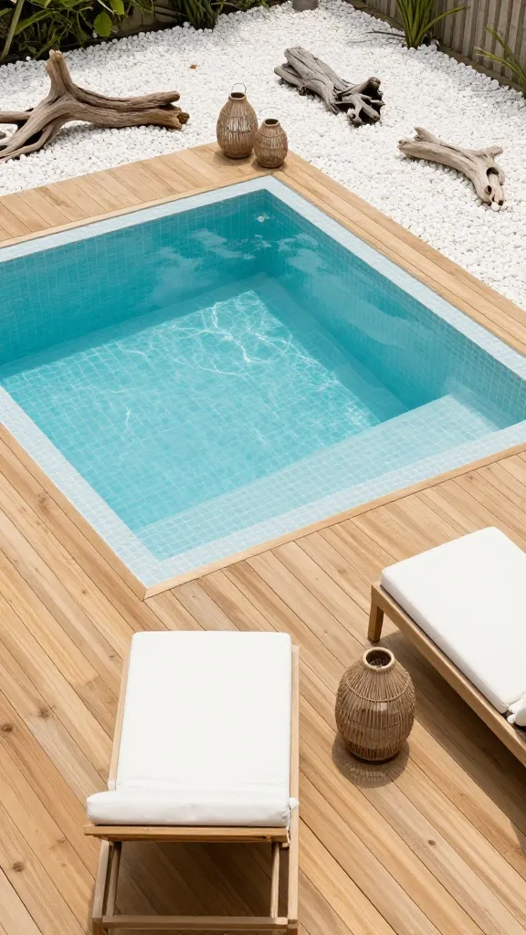A high-angle, ultra-realistic photograph of a serene coastal-inspired small backyard spa pool. The square spa pool features light blue interior tiles, mimicking clear ocean water, and is integrated seamlessly into natural light wood decking. Adjacent to the decking, a pristine area of white pebble landscaping is visible. Two modern, comfortable lounge chairs with crisp white cushions are positioned on the wood deck, facing the pool. Artfully placed driftwood pieces are scattered within the white pebble landscaping, while two woven seagrass lanterns rest on the decking, adding to the relaxed coastal ambiance. The scene is bathed in bright, natural daylight, creating a light, airy, and perpetually breezy atmosphere, emphasizing peaceful relaxation. No text.