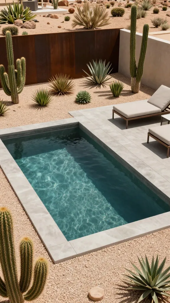 A high-angle, realistic, professional photograph of a small, rectangular concrete plunge pool with a dark plaster finish, seamlessly integrated into a modern desert backyard. The pool is surrounded by a minimalist landscape of light-colored decomposed granite, punctuated by strategically placed mature cacti and various succulents. A sleek Corten steel privacy screen or planter box stands subtly in the background, adding an industrial touch. Low-slung, neutral-toned outdoor lounge furniture with clean lines is positioned on one side of the pool. The scene is bathed in warm, natural sunlight, highlighting the textures of the raw materials and the stark beauty of the arid environment. No text.