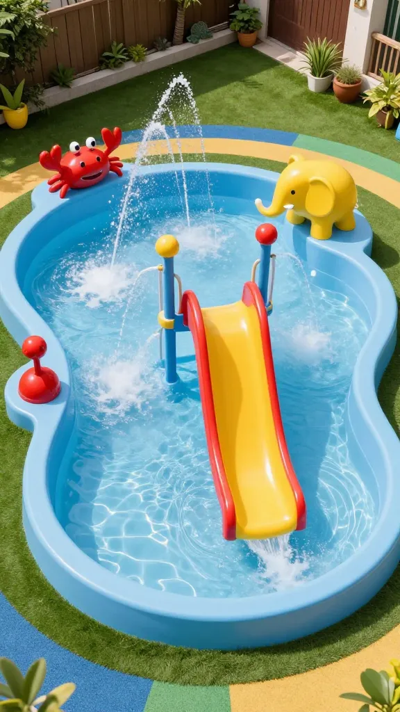 A vibrant, high-angle wide shot of a beautifully designed kid-friendly splash pad pool in a compact, sun-drenched backyard. The pool is very shallow, featuring an organic, irregular shape with a light blue, non-slip textured surface. Multiple gentle water jets arc playfully upwards from the pool's floor, complemented by colorful, integrated animal-shaped sprinklers, such as a cheerful red crab and a yellow elephant, positioned around the perimeter. A small, built-in, wavy mini slide in a bright primary color (e.g., yellow or red) safely descends into the shallowest part of the water. The surrounding ground is covered with lush, soft artificial turf and sections of multi-colored rubber pavers (blue, green, yellow) for a safe landing zone. The scene is bright and inviting, captured with a professional, high-resolution architectural photography style, emphasizing the playful design and safety features. No people or text are present, focusing purely on the inviting pool area.