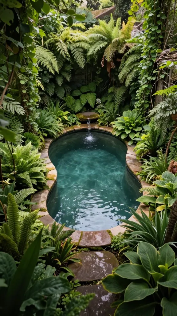 A high-angle, cinematic photograph captures a secret garden hideaway pool, nestled deep within a lush, overgrown backyard. A small, naturally shaped freeform pool, with smooth, earthy-toned stone coping that seamlessly blends into the surrounding landscape, is the focal point. Dense, vibrant plantings of various ferns, large hostas, and climbing vines heavily frame the pool, creating a sense of intimacy and seclusion. A subtle, small trickling fountain is visible at one edge of the pool, its gentle flow barely disturbing the serene surface. A winding, moss-covered stone path partially emerges from the dense foliage, inviting discovery and leading towards the hidden gem. Soft, dappled sunlight filters through the overhead canopy, illuminating patches of the water and foliage, enhancing the magical, enchanted atmosphere. The overall scene evokes natural beauty and a feeling of having stumbled upon a truly hidden oasis.