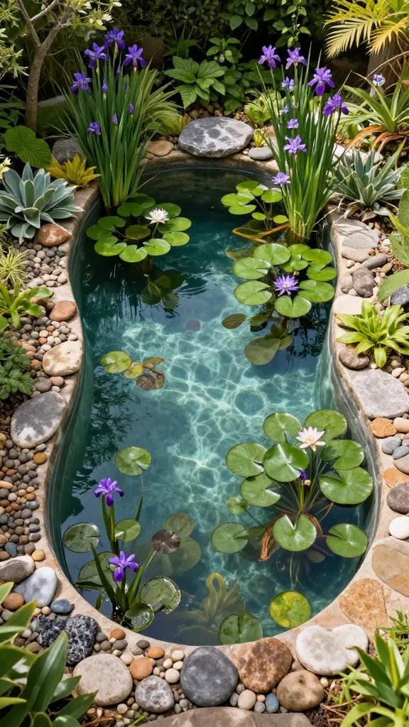 A high-angle, realistic photograph of a small, eco-friendly natural swimming pool perfectly integrated into a lush backyard garden. The pool features a clear, inviting swimming zone separated by natural stone from a vibrant regeneration zone dense with water lilies, purple irises, and other aquatic plants. The pool's organic edges are meticulously lined with smooth, varying-sized natural pebbles and stones, giving it a serene, pond-like aesthetic. Soft sunlight filters through surrounding foliage, illuminating the water and highlighting the rich biodiversity of the plant life. A subtle hint of local wildlife, like a dragonfly, hovers above the regeneration zone. No text.