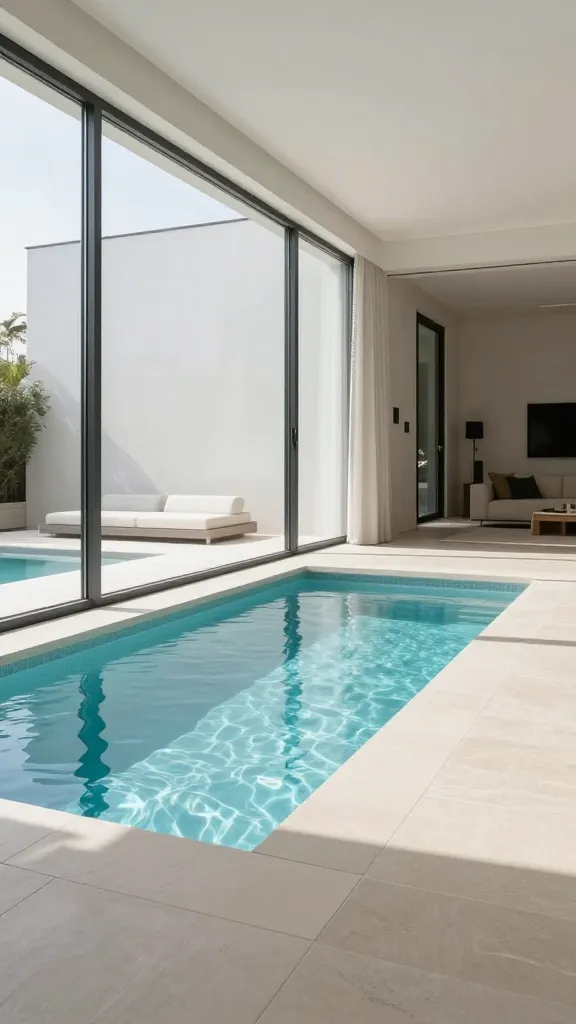 A high-resolution, architectural photograph capturing a seamless indoor-outdoor connect pool design. A small, compact rectangular swimming pool is perfectly flush with the interior floor level of a modern, minimalist living space. Large, floor-to-ceiling sliding glass doors are fully retracted, creating an uninterrupted transition. The same light-colored, large format tile flooring extends from the chic, uncluttered living room directly onto the pool deck. The crystal-clear pool water reflects the bright daylight, enhancing the sense of spaciousness. Integrated, low-profile outdoor lounge seating subtly complements the clean lines of the design. The scene is bathed in natural light, showcasing a luxurious, functional extension of the home.