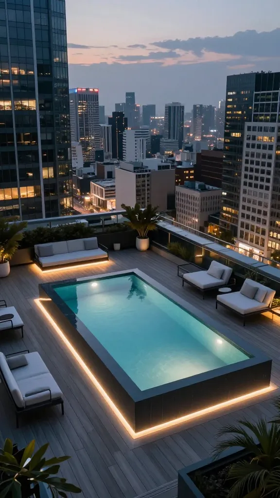 A high-quality, realistic architectural photograph of a luxurious, small, custom-built compact pool installed on a sleek composite-decked, reinforced rooftop of an urban high-rise. Minimalist, modern lounge furniture is strategically placed around the pool. Integrated LED lighting softly illuminates the deck and the pool, creating a sophisticated evening ambiance. In the background, breathtaking panoramic city views with numerous illuminated skyscrapers stretch into the distance at dusk.