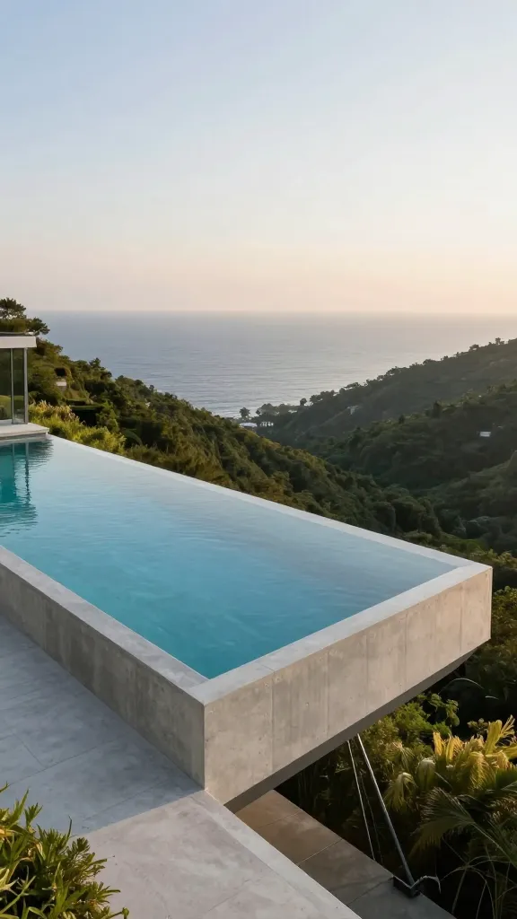 A stunning architectural photograph of a small, rectangular cantilevered swimming pool, dramatically projecting out from a modern, minimalist concrete deck built into a verdant hillside. The pool's leading edge features a seamless, crystal-clear glass panel, offering an unobstructed, breathtaking panoramic view of a distant, sun-drenched ocean horizon. The pool's visible sides are smooth, light grey concrete, subtly supported by sleek steel beams that emphasize its 'floating' illusion and engineering marvel. The pristine water reflects the warm, clear sky. The overall scene is sophisticated, high-end, and minimalist, captured with a wide-angle lens to highlight the dramatic extension and the expansive vista. Realistic, high detail, no text.