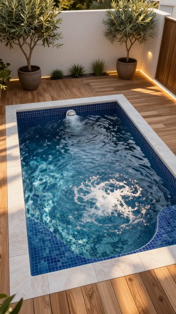 A luxurious swim spa hybrid pool elegantly integrated semi-in-ground into a compact, modern backyard. The self-contained unit features sleek custom dark blue mosaic tiles, clearly showcasing both the powerful current jets creating a gentle ripple in the dedicated swimming lane and the inviting, bubbling hydrotherapy seating area. The spa is surrounded by warm, natural Ipe wood decking and minimalist landscaping, including strategically placed potted olive trees and subtle LED strip lighting illuminating the perimeter. Golden hour sunlight bathes the scene, highlighting the water's inviting shimmer and casting soft, long shadows. The overall atmosphere is serene, sophisticated, and perfectly balanced for both exercise and relaxation. Photorealistic, high-resolution, wide-angle shot, no text.