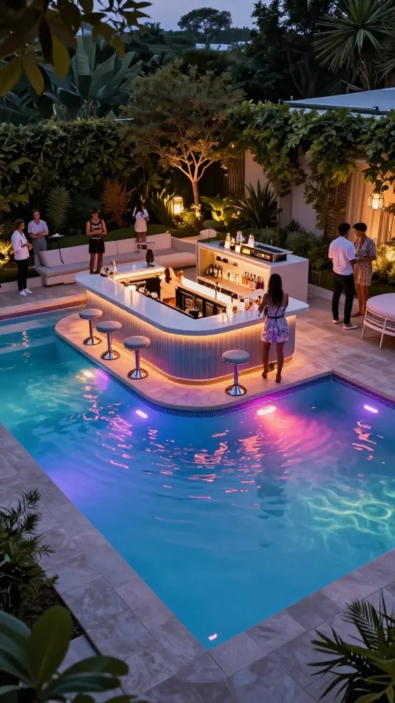 A realistic, high-resolution photograph of a chic, small L-shaped backyard pool transformed into a vibrant party pad at twilight. The pool features an elegant integrated swim-up bar with a smooth countertop and three sleek submerged stools. A comfortable built-in bench runs along one side of the pool, perfectly positioned to face the bar. The pool water is illuminated by dynamic, multi-colored LED lighting, casting a festive glow. Adjacent to the pool, a compact, modern outdoor kitchen is subtly integrated, ready for entertaining. The entire area is surrounded by tasteful, low-maintenance landscaping, creating a luxurious 'mini resort bar' atmosphere. A few stylish individuals are casually enjoying drinks, mingling in and around the pool, conveying a lively yet intimate social hub. No text on image.