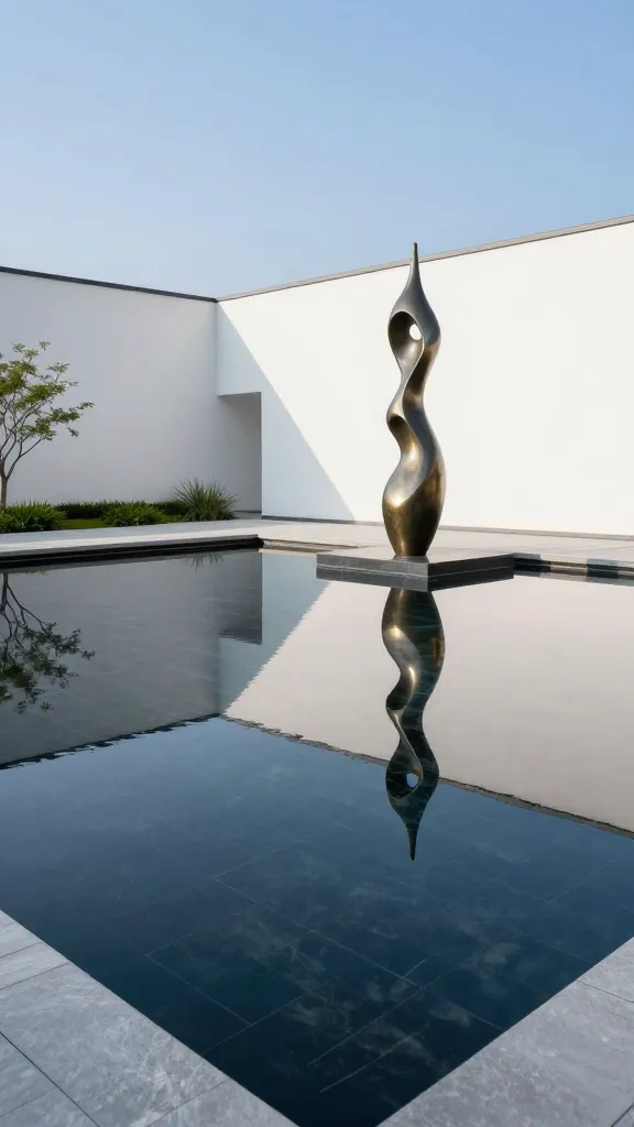 A high-quality, realistic photograph of a small, rectangular reflecting pool in a modern backyard. The very shallow, perfectly still water has an obsidian-black tiled bottom, creating a flawless, mirror-like surface that reflects a clear blue sky and the sleek, minimalist lines of a white architectural wall. Adjacent to the pool, a striking, abstract polished bronze sculpture stands gracefully, its elegant form subtly duplicated in the water's surface. The surrounding hardscaping is clean and contemporary, with subtle integrated lighting and sparse, sculptural greenery. The atmosphere is serene and artistic, captured in bright, natural daylight. No text.