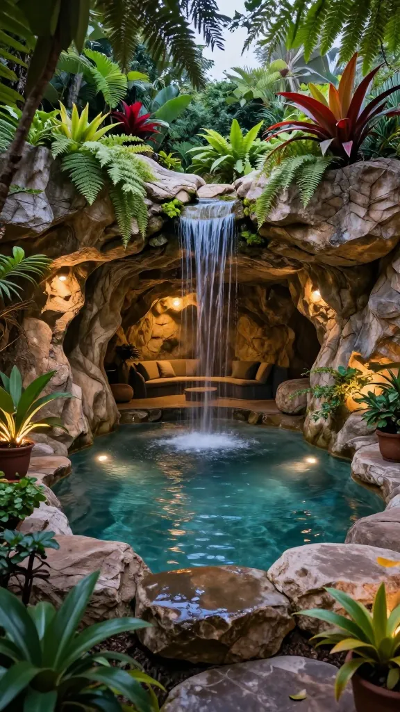 A breathtaking, hyperrealistic photograph of a small, freeform grotto-style cave pool nestled in a compact, lush backyard at twilight. The pool is the centerpiece, enveloped by meticulously crafted artificial rock formations that mimic natural stone, creating an intimate and secluded atmosphere. A gentle, continuous waterfall cascades from a moss-covered rock overhang into the crystal-clear water, creating soft ripples. Integrated within the rockwork is a dimly lit, inviting cave-like seating area, perfect for hidden relaxation. Abundant, vibrant tropical plantings like ferns, bromeliads, and philodendrons are strategically placed around and within the grotto, enhancing the natural, hidden wonder feel. Subtly integrated underwater LED lights cast a warm, inviting glow, while concealed spotlights illuminate the rock textures and foliage, creating a magical and mysterious ambiance. The scene is captured with an award-winning wide-angle lens, showcasing depth and detail, with no text.