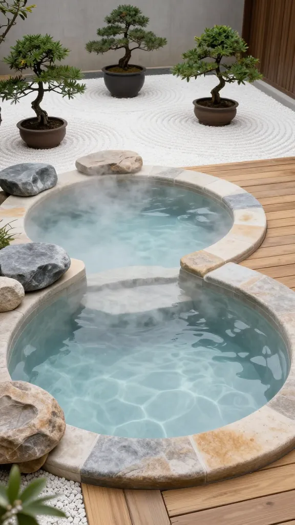 A high-resolution, realistic photograph of a serene, Japanese Onsen-inspired small backyard plunge area. The centerpiece features two small, adjacent plunge pools: one emitting gentle steam, signifying warmth, and the other crystal clear and invitingly cool. Smooth, light-toned natural stone forms the immediate surround, seamlessly transitioning to a simple, elegant wooden deck made of cedar or cypress. A meticulously raked white gravel garden with a few carefully placed miniature bonsai trees in dark ceramic pots enhances the minimalist aesthetic. The scene is bathed in soft, diffused natural light, evoking a tranquil atmosphere of quiet contemplation and wellness. No text.