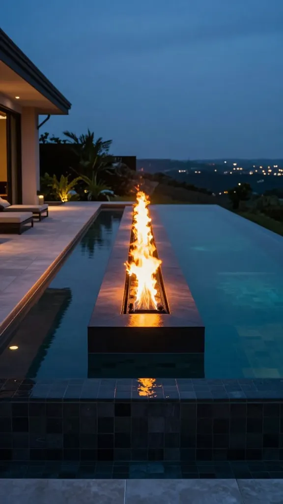 A high-quality, realistic photograph taken at dusk, showcasing a compact, luxurious infinity-edge pool in a sophisticated small backyard. The dark-tiled infinity edge creates a seamless illusion of water disappearing into the horizon. Running parallel to the pool, a sleek, modern linear fire pit emits vibrant, dancing flames. These mesmerizing flames are dramatically reflected on the calm, dark surface of the pool water, creating a stunning focal point. The surrounding patio features minimalist, modern design elements, subtle ambient lighting, and lush, low-profile landscaping. The twilight sky is a deep blue, enhancing the warm glow of the fire and the overall atmosphere of dramatic elegance and luxury. No text.