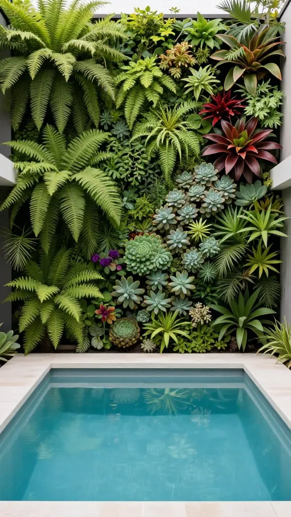 A high-angle, eye-level shot of a small, sleek rectangular swimming pool in a modern, compact backyard. The entire back wall directly behind the pool is completely covered by a lush, vibrant vertical garden, creating a stunning living backdrop. The vertical garden is a rich tapestry of deep green ferns cascading downwards, various succulents like echeveria and sedum providing textural contrast, and delicate flowering plants such as small bromeliads or impatiens adding subtle pops of color in reds and purples. The pool water is crystal clear and inviting, reflecting the bright, natural daylight. The minimalist pool deck is paved with light-colored stone, keeping the focus on the vibrant green wall and the serene water. Professional architectural photography, realistic, sharp focus, serene atmosphere, no text.