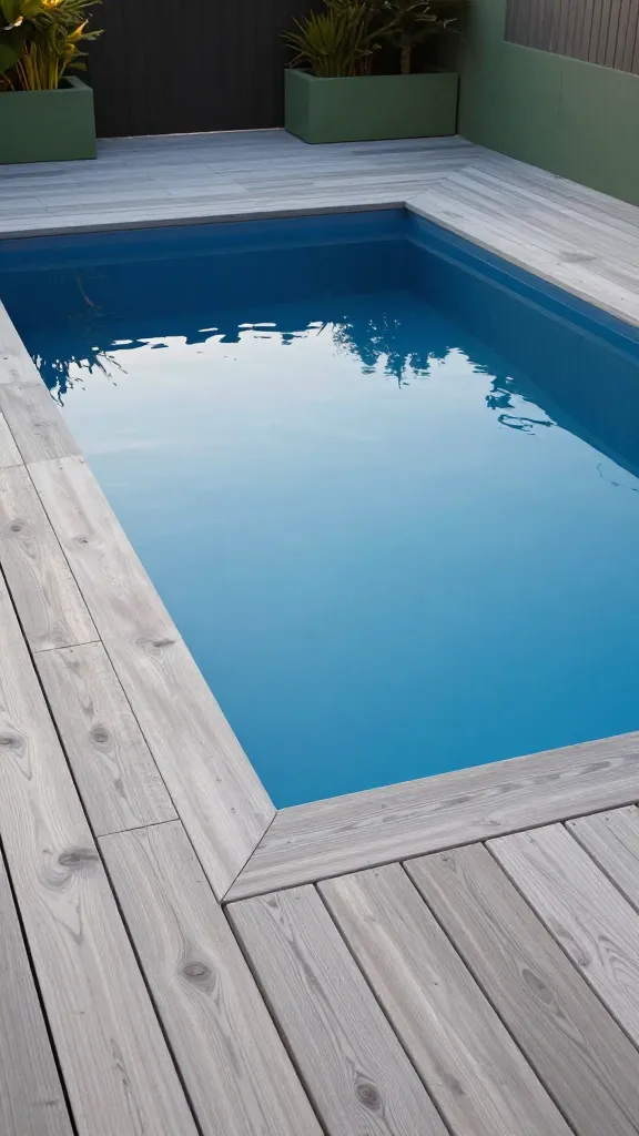 A high-quality, realistic photo of a small, rectangular backyard swimming pool, meticulously designed to be completely flush with its surrounding expansive composite wood deck. The pool's surface, reflecting a deep cerulean blue, meets the warm, light grey composite decking with an almost invisible coping, creating an incredibly seamless and uninterrupted plane. This sleek, modern integration makes the outdoor living area feel significantly larger and more sophisticated. Minimalist, architectural green planters are strategically placed around the deck's perimeter, adding a touch of natural elegance. The scene is bathed in soft, golden hour sunlight, emphasizing the clean lines and luxurious, tranquil atmosphere. No people, no text.