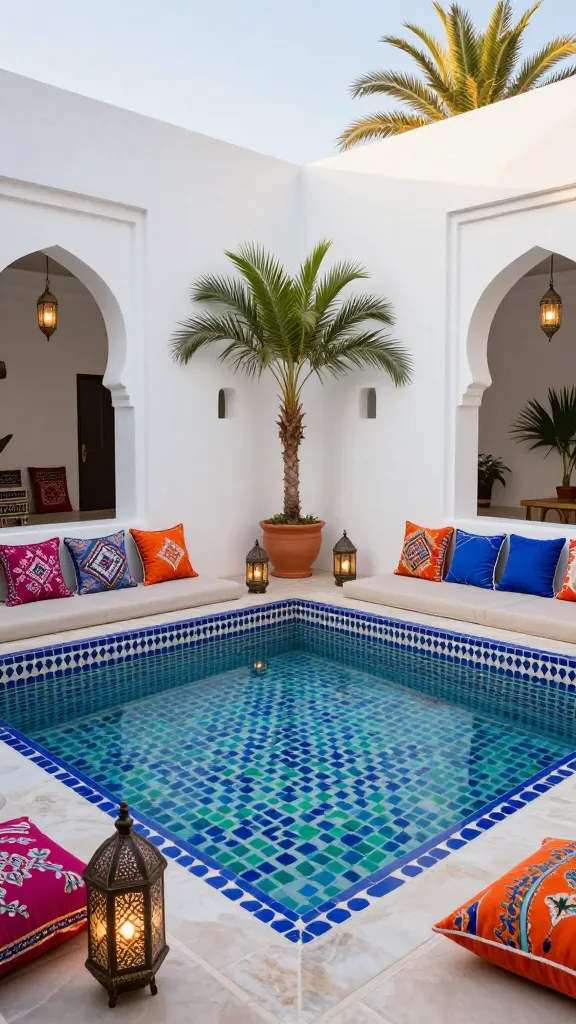 A luxurious small square plunge pool in a Moroccan riad-inspired backyard. The pool is adorned with stunning Zellige tiles in intricate geometric patterns featuring vibrant blues and greens, reflecting the clear water. It's surrounded by smooth whitewashed walls with elegant small arched niches. Detailed Moroccan lanterns with intricate metalwork are strategically placed, some hanging, casting soft light. Richly patterned cushions in jewel tones like fuchsia, orange, and deep blue are arranged on built-in benches or low seating around the pool. Several tall potted date palms add lush greenery and an exotic touch. The scene is bathed in warm, late afternoon light, creating a unique and inviting atmosphere. High-resolution, professional architectural photography.
