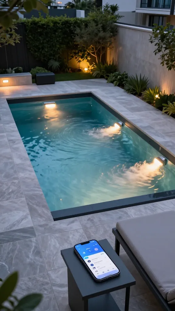 A realistic, high-quality photograph taken at twilight, showcasing a luxurious, smart-tech integrated small backyard pool. The sleek, standard-shaped pool, possibly a dark-lined rectangle or kidney shape, is brilliantly illuminated from within by app-controlled underwater LED lights, casting a warm, inviting glow on the impeccably clean water. Gentle, automated jets create subtle movement on the surface. The surrounding modern patio features high-end composite decking or large format natural stone pavers. On a minimalist outdoor side table next to a comfortable lounge chair, a smartphone is prominently displayed, its screen showing a sophisticated pool control interface. Discreet, built-in outdoor speakers are subtly integrated into the surrounding lush, manicured landscaping and contemporary architectural privacy elements. The atmosphere is one of ultimate convenience, efficiency, and modern luxury, with no people present. Sharp focus, rich colors, high resolution.