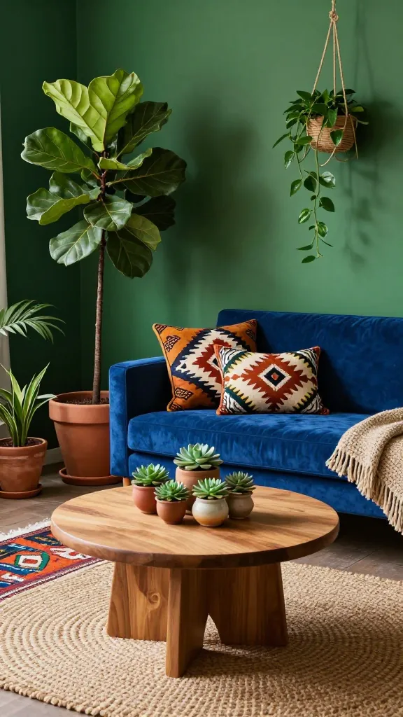 A high-quality, realistic photograph of a luxurious Afrobohemian living room oasis. Deep emerald green walls provide a verdant, grounding backdrop. A plush, low-slung velvet sofa in a rich sapphire blue is adorned with throw pillows featuring bold, geometric African-inspired patterns in terracotta, mustard, and cream, alongside a chunky woven throw. A tall Fiddle Leaf Fig plant in a large terracotta pot stands in one corner, while a hanging Pothos plant gracefully cascades from a natural fiber planter. On a round, natural wood coffee table, a cluster of small succulents rests in artisanal ceramic pots. The floor is layered with a large jute rug and a smaller, vibrant kilim rug. Sunlight softly illuminates the inviting, soulful space, highlighting natural textures and vibrant botanical life. No text.