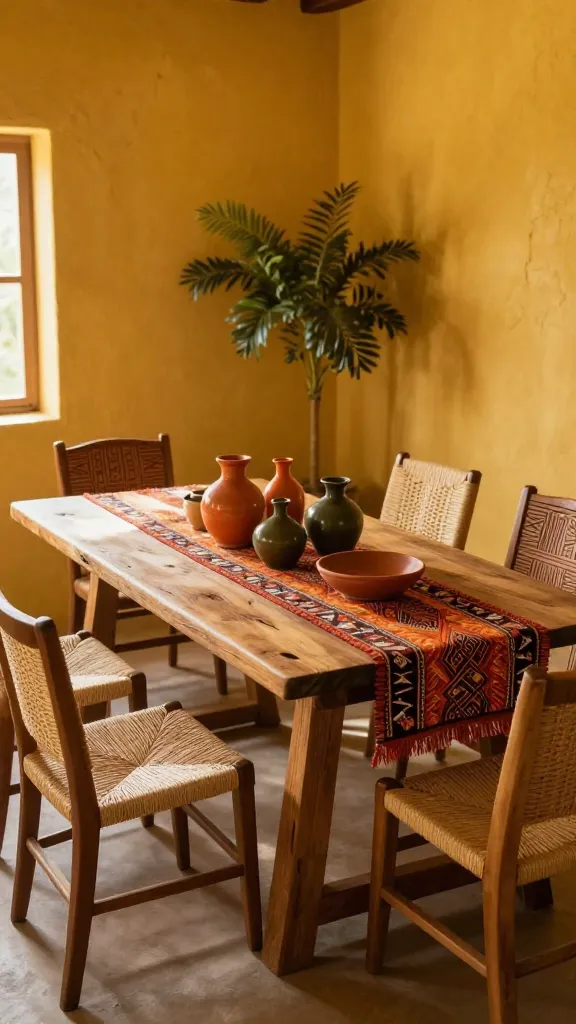 A high-angle, realistic, professional photograph of a sun-drenched Afrobohemian dining nook, bathed in the warm, inviting glow of a perpetual golden hour. The walls are painted a cheerful, muted saffron yellow, subtly textured to catch the light. A sturdy, rustic reclaimed wood dining table with visible grain and character stands in the center. It is surrounded by an eclectic mix of seating: two hand-woven natural rattan dining chairs with their distinctive textured weave, and two intricately carved wooden chairs at the ends, featuring subtle, geometric African-inspired patterns on their backs and legs. A vibrant patterned table runner, reminiscent of an earthy mud cloth or wax print design in warm oranges, deep reds, and browns, drapes across the table. Arranged casually on the runner is a collection of mismatched ceramic pottery in various earthy tones like terracotta, burnt orange, and deep olive green, including a few small vases and a rustic bowl. Soft, diffused natural light streams in from an unseen window, creating gentle highlights and shadows, emphasizing the cozy, soulful atmosphere. A large, leafy potted plant, slightly out of focus, adds a touch of natural greenery in the background.