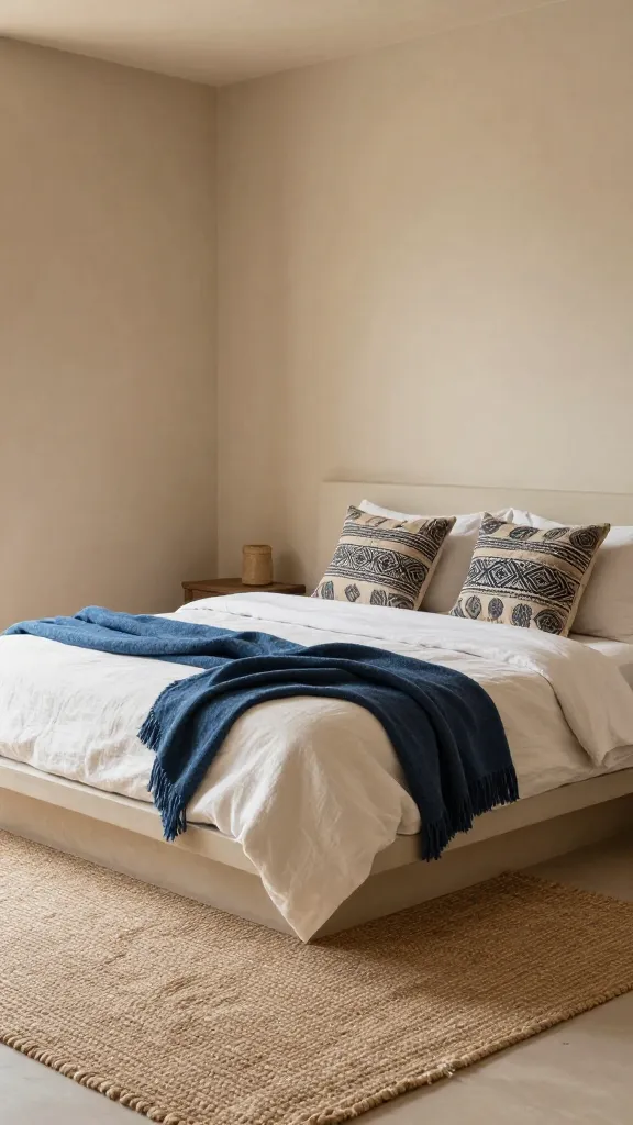 A high-resolution, realistic interior photograph capturing a serene Afrobohemian bedroom sanctuary. The focal point is a low-profile platform bed, meticulously made with soft linen white bedding. The walls are painted a soothing muted sandy beige, providing a calm backdrop. A large, hand-knotted jute rug grounds the space, adding earthy texture to the floor. Casually draped across the foot of the bed is an indigo-dyed throw blanket, introducing a subtle pop of deep color. Two plush mudcloth pillows, showcasing their distinctive patterns, are arranged invitingly against the headboard. The room is bathed in soft, natural light, enhancing the textures and creating an atmosphere of ultimate relaxation and grounded comfort. No text.