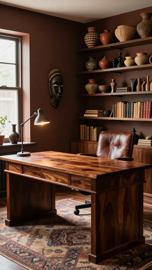 A high-quality, realistic photo of an Afrobohemian-inspired home office, exuding a bold, earthy, and soulful atmosphere. The walls are painted in a deep, moody cocoa brown, creating a warm and sophisticated backdrop. Dominating the center is a substantial, richly carved mahogany desk, its dark wood gleaming softly. Behind it, a comfortable, aged brown leather armchair invites one to settle in, showing subtle signs of wear that add character. To one side, floor-to-ceiling dark wood shelves are meticulously arranged with an eclectic mix of global artifacts: a hand-carved West African mask, intricate clay pottery, woven baskets, and a collection of vintage, hand-bound books with textured spines. Natural light streams in from a window, highlighting dust motes and adding a soft glow, while a strategically placed task lamp with a warm bulb illuminates the desk area. A large, patterned rug in muted, earthy tones grounds the space. The overall impression is one of a deeply personal, inspiring workspace that celebrates craftsmanship and global influences.