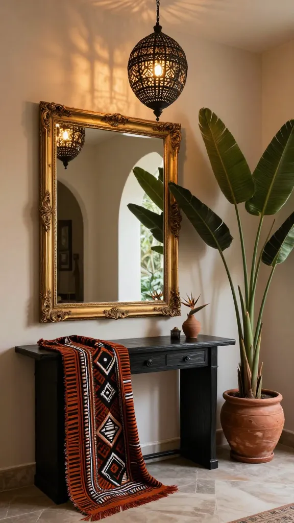 A high-quality, realistic photo capturing a sophisticated Afrobohemian entryway. The central focus is a sleek, dark ebony wood console table. Above it, a stunning, oversized mirror with an ornate, antique gold frame reflects a soft, warm light, creating an expansive feel. Artfully draped over one end of the console is a vibrant, authentic mudcloth textile, showcasing its intricate geometric patterns in deep earthy tones of black, white, and rust. To the side of the console, a tall, lush Bird of Paradise plant stands majestically in a large, textured terracotta planter, its broad leaves reaching upwards. Suspended from the ceiling, a unique, sculptural pendant light with intricate black metalwork casts intriguing patterns, providing a warm, inviting illumination. The overall aesthetic is a bold and soulful blend of bohemian charm and unexpected glamour, with a rich, earthy palette and luxurious textures. No text.