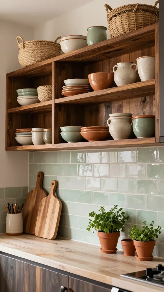 A high-quality, realistic, eye-level photograph capturing a warm and inviting Afrobohemian kitchen refresh. The focal point is a wall featuring rich, dark reclaimed wood open shelving extending across the space, replacing traditional upper cabinets. The shelves are artfully adorned with a curated collection of artisanal ceramic dinnerware in earthy tones of terracotta, cream, and muted sage, some pieces boasting organic shapes and speckled glazes. Interspersed among the ceramics are beautifully textured, hand-woven baskets made from natural fibers like rattan and jute, adding a distinct Afrobohemian touch. Below the shelving, a full backsplash of handmade, textured subway tiles in a soft, muted sage green or creamy off-white provides a soothing backdrop. On the natural wood or light stone countertop, a collection of varied wooden cutting boards leans against the backsplash, alongside small terracotta pots brimming with fresh green herbs. Soft, natural light illuminates the scene, highlighting the natural materials and creating a relaxed, lived-in, and soulful atmosphere, with no text overlay.