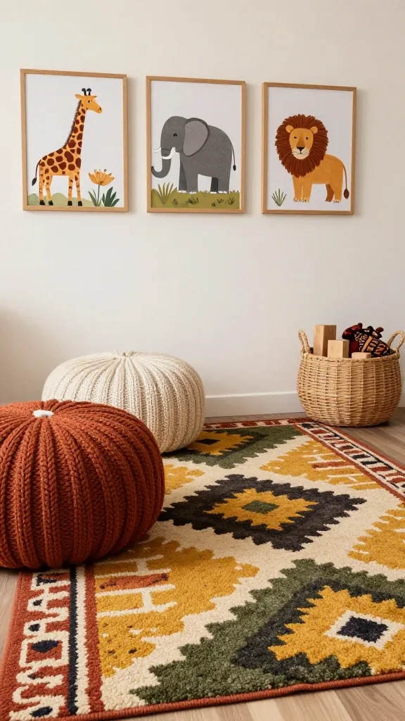 A high-quality, realistic photo of a magical and inspiring Afrobohemian kids' corner, bathed in soft, warm natural light. The focal point is a large, soft patterned rug featuring bold, earthy geometric motifs reminiscent of African mudcloth, in muted tones of terracotta, mustard yellow, and deep olive green. Two oversized, chunky knitted poufs in rich rust and cream colors are arranged on the rug, providing low-slung seating. On the wall, at kid-friendly eye level, hangs a collection of three framed whimsical prints depicting stylized savanna animals (like a giraffe, elephant, and lion) rendered in a folk art style, framed in natural light wood. A small, hand-woven wicker basket sits neatly in one corner, holding a few natural wooden blocks and a soft, patterned fabric toy. The overall aesthetic feels bold, earthy, and soulful, seamlessly integrated into a modern home.