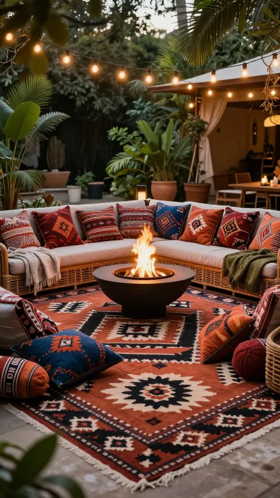 A high-quality, realistic photograph of an inviting Afrobohemian outdoor lounge retreat at dusk. The scene is anchored by a large, weather-resistant outdoor rug featuring a bold, earthy geometric pattern in shades of terracotta, black, and cream. A comfortable, low-slung rattan sectional sofa is arranged on the rug, piled high with an eclectic mix of plush Kilim-patterned cushions in rich reds, oranges, and deep blues, along with soft, textured throws in natural linen and olive green. Overhead, strands of warm, glowing string lights are suspended, casting a magical ambiance. In the center of the seating, a modern, low-profile fire pit emits a gentle, flickering flame, providing warmth and a focal point. Lush, vibrant green foliage and potted plants subtly frame the outdoor space, adding to the natural, earthy feel. The overall aesthetic is bold, soulful, and deeply comfortable, captured with a warm, natural light and a slightly shallow depth of field to highlight the intricate textures and inviting atmosphere. No text.