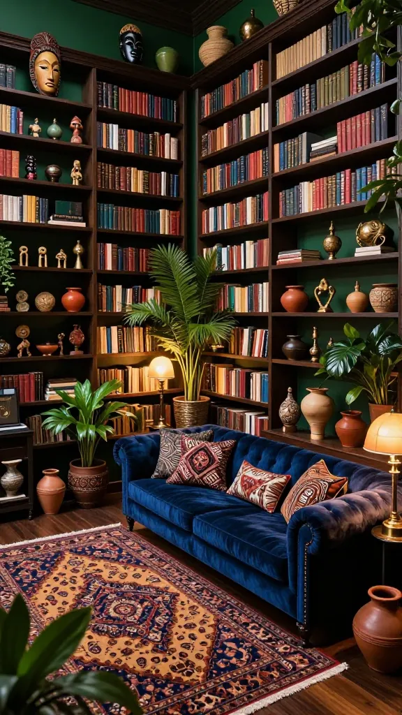 A high-angle, realistic, high-quality photograph of a luxurious, moody maximalist Afrobohemian library. The walls are painted a deep, dramatic forest green, creating an utterly enveloping atmosphere. Floor-to-ceiling dark wood bookshelves are densely packed with an eclectic collection of books and a curated display of Afrobohemian global curiosities, including intricate carved wooden masks, brass figurines, woven baskets, and terracotta pottery. A plush, deep sapphire blue velvet chesterfield sofa, adorned with textured throw pillows featuring mudcloth-inspired patterns, anchors the space. A large, richly patterned Persian rug in warm, earthy jewel tones covers the polished dark wood floor. Warm, ambient light spills from vintage brass lamps with soft, diffused glow. Lush, vibrant tropical plants in handcrafted ceramic planters add an organic, earthy touch, contributing to the soulful and treasure-trove feel. No text on images.