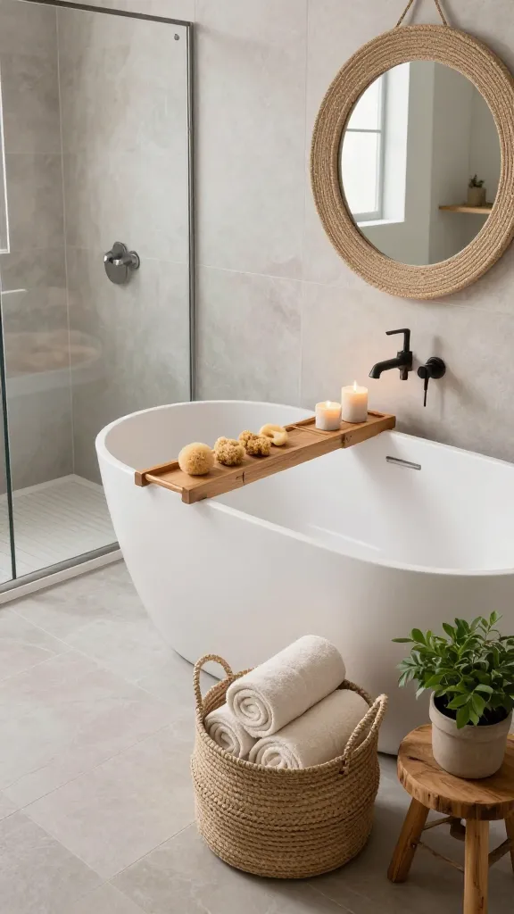 A high-angle, realistic, high-quality photograph of a serene Afrobohemian Zen bathroom, bathed in soft, diffused natural light. The tranquil space features a neutral color palette of soft greys, creamy whites, and warm natural wood tones. The floor and a section of the shower wall are clad in textured, light grey stone-effect tiles. A sleek, white freestanding bathtub is central, with a beautiful, thick natural wooden bath caddy resting across it, adorned with several organic natural sea sponges and a couple of flickering scented candles in simple ceramic holders. Above a minimalist white basin sink, a large, round mirror with a thick, intricately woven jute frame serves as a striking focal point. Neatly rolled plush cream towels are artfully arranged in a large, hand-woven natural fiber basket on the floor, next to a small, lush green potted plant on a low, rustic wooden stool. The overall aesthetic is earthy, soulful, and deeply calming, emphasizing natural textures and handcrafted elements.