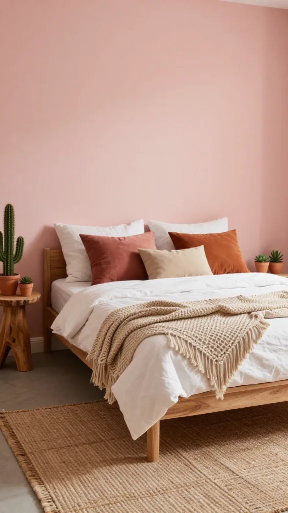 A high-quality, realistic photograph capturing a serene Afrobohemian Desert Bloom Bedroom, bathed in warm, sun-drenched light. The walls are painted in a soft blush pink. A minimalist bed frame crafted from bleached, light-colored wood is centered, dressed in crisp white linen sheets. Layered on the bed are a few textured throw pillows in complementary desert tones of muted terracotta, sandy beige, and a deep ochre. A chunky, artisanal macrame throw is draped artfully across the foot of the bed. On a simple, natural wood nightstand, small, sculptural cacti and succulents are displayed in minimalist, unglazed terracotta pots. A large, hand-woven jute rug with a subtle, organic pattern grounds the space, contributing to an effortlessly chic, earthy, and soulful ambiance. No text.
