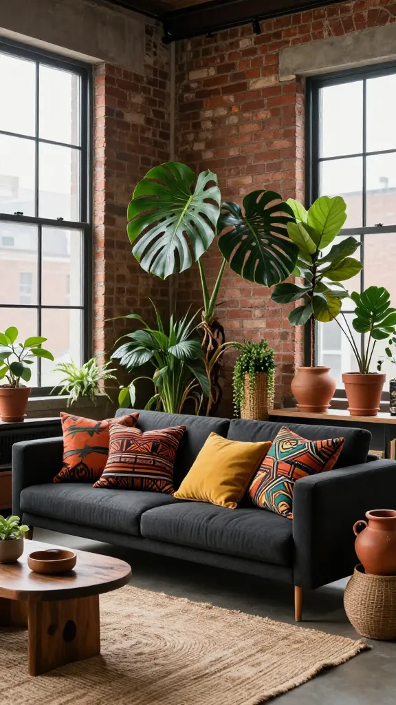 A high-quality, realistic photograph capturing an Afrobohemian Urban Jungle Loft living room. The scene features a bold and eclectic blend of raw industrial architecture and lush, soulful nature. A prominent exposed brick wall provides a warm, textured backdrop, illuminated by soft natural light streaming through large loft windows. In the foreground, a modern, minimalist sofa in a deep charcoal fabric is richly adorned with an array of vibrant, Afro-inspired patterned throw pillows showcasing geometric and organic designs in earthy tones of terracotta, mustard yellow, and deep olive green. The space is filled with an abundance of dramatic houseplants, including a towering Monstera deliciosa, a sprawling Fiddle Leaf Fig, and delicate String of Pearls cascading from a handcrafted woven planter. Plants are housed in a mix of terracotta and artisanal ceramic pots. A large, textured jute rug grounds the seating area, complementing the natural elements. Subtle Afrobohemian accents like a carved wooden side table or a unique piece of pottery add soulful character. The overall atmosphere is vibrant, earthy, and inviting, showcasing a perfect fusion of urban grit and natural beauty with a distinct cultural flair. No text.