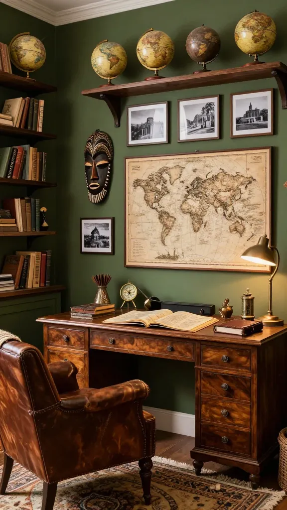 A high-quality, realistic photo capturing a cozy and richly decorated Afrobohemian global traveler's study. The walls are painted a deep, earthy olive green. Dominating the space is a sturdy, dark mahogany wood desk, topped with an open antique atlas, a vintage brass compass, and a leather-bound journal. Beside the desk, a comfortable, well-worn vintage brown leather armchair invites relaxation, perhaps with a woven throw draped over it. On the wall behind the desk, a curated gallery display features a large, detailed sepia-toned vintage world map, flanked by several smaller framed black-and-white travel photographs showcasing exotic landscapes and ancient architecture. Dark wood wall-mounted shelves overflow with a diverse collection of hardcover books, interspersed with various antique globes of different sizes and unique collected artifacts, including a prominent, intricately carved wooden African mask with geometric patterns and stylized features. A natural fiber rug with subtle earthy tones covers the floor, and a warm glow emanates from a vintage-style desk lamp, illuminating the rich textures and collected treasures. The room feels lived-in, soulful, and full of stories.