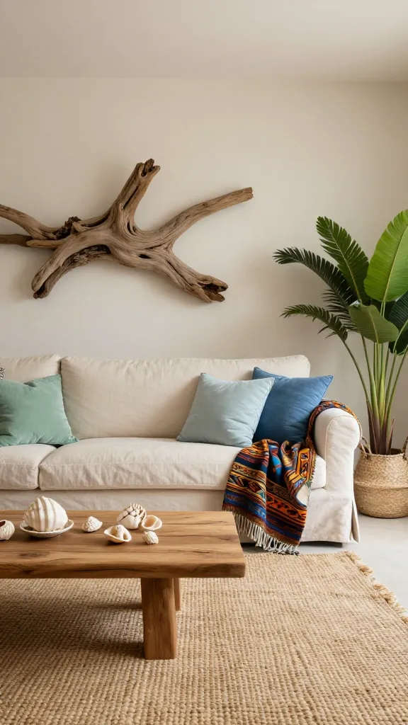 A wide-angle, high-resolution photograph of a serene Coastal Afro-Boho living room, bathed in soft, natural light. The walls are painted in a light, sandy neutral tone. A comfortable, oversized slipcovered sofa in off-white linen is the centerpiece, adorned with plush throw pillows in muted seafoam green and soft ocean blue, alongside a richly patterned Afrobohemian blanket draped artfully over one arm. Underneath the sofa, a large woven seagrass rug grounds the space. Dominating one wall is a striking, large piece of sculptural driftwood art, while decorative shells are thoughtfully arranged on a low, natural wood coffee table. A tall, vibrant potted plant in a woven basket stands in the corner, adding a touch of lush greenery. The overall ambiance is breezy, earthy, and soulful, showcasing a harmonious blend of coastal serenity and rich Afrobohemian textures. No text.