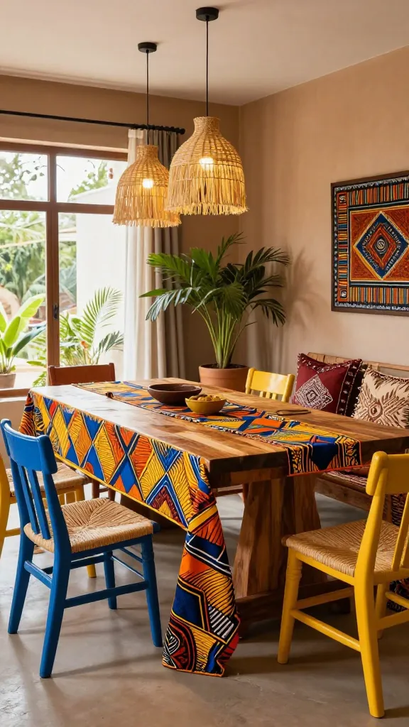 A high-quality, professional interior photograph of a vibrant Afrobohemian dining room. A large, sturdy natural wood farmhouse-style dining table stands central, draped with a dramatic, floor-length African wax print tablecloth featuring bold geometric patterns in warm yellows, oranges, and deep blues. Around the table, a curated mix of seating includes woven wicker dining chairs, two painted wooden chairs in contrasting bold colors like cobalt blue and and saffron yellow, and a wooden bench adorned with plush, mudcloth-patterned cushions. Above the table, a cluster of three small pendant lights with woven raffia shades casts a warm glow. The room feels inviting and soulful, with natural light streaming in from a large window, highlighting a large potted plant in a terracotta planter. The walls are a warm, earthy tone, subtly adorned with a piece of framed African textile art. The overall scene bursts with color, pattern, and personality, designed for lively conversation.
