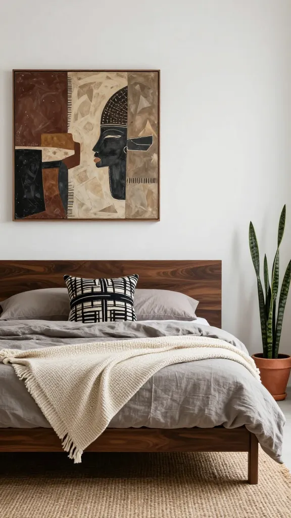 A high-quality, realistic photograph capturing a minimalist Afro-chic bedroom bathed in soft, natural light. Crisp white walls frame a sleek, low-profile bed frame crafted from dark, rich wood. The bed is impeccably dressed with a muted, warm grey linen duvet, artfully layered with a chunky cream knit throw draped at its foot. A single, striking mudcloth pillow with a bold, geometric black and white pattern serves as the central focal point on the bed. Above the headboard, a large, impactful piece of abstract African-inspired art, featuring earthy tones and textural elements, commands attention. A natural jute rug lies partially beneath the bed, adding warmth and texture, while a tall, slender snake plant in a simple terracotta pot subtly enhances the room's soulful, earthy ambiance. The scene emphasizes clean lines, thoughtful details, and rich textures, creating an uncluttered yet deeply soulful space.